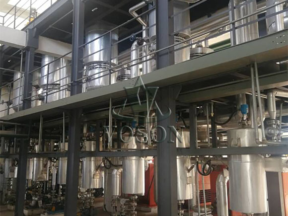Soybean oil refining section with bleaching and deodorization towers